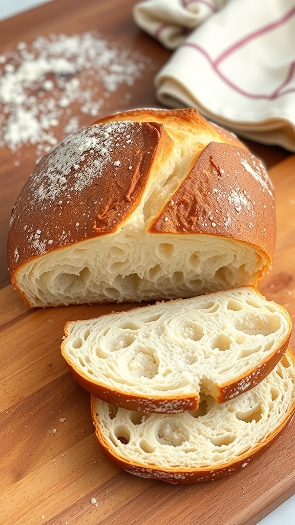 A golden-brown artisan bread loaf on a cutting board with slices cut to show the fluffy interior.